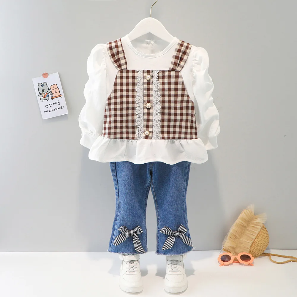 

Весенний костюм для девочек, рубашка с длинным рукавом + джинсы для девочек, комплект из 2 предметов, летняя кружевная Милая рубашка для дево...