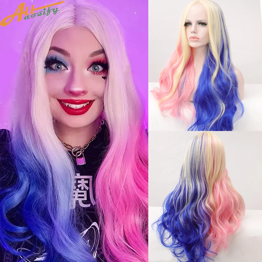 Allaosify Wig Synthetic Hair Cosplay Lolita Female Hair Accessories Long Curly Wave Pink Blue Anime Cosplay Girl Women's Wig