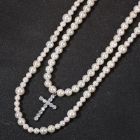scooya double pearl necklace set 8 10mm size mixed pearl mixed cross hip hop necklace men fashion jewelry free shipping items