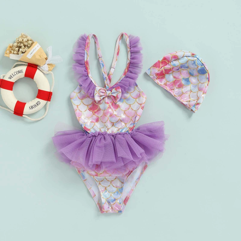 

2-7T Cute Little Princess Swimwear Sleeveless Backless Mermaid Scale Print Mesh Ruffle Patch Bodysuit Beachwear + Swimming Cap