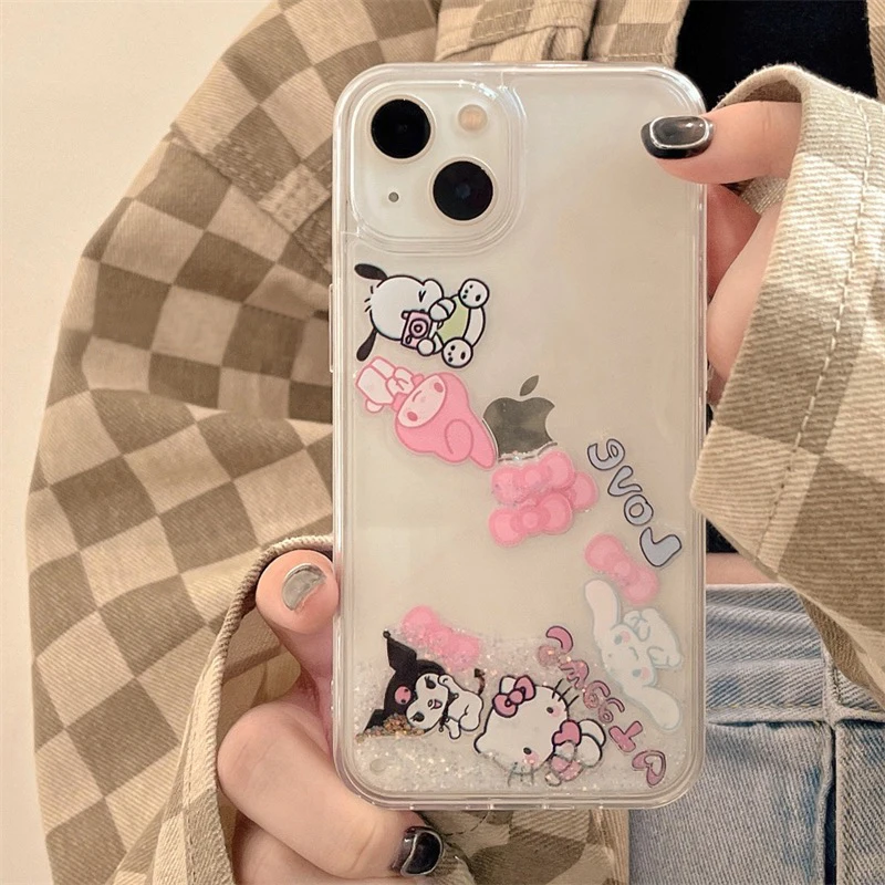 

Luxury Quicksand Sanrios Hello Kitty Cinnamoroll Kuromi Phone Case for IPhone 14 13 12 11 Pro Max 14Pro Anti-drop Cover Y2k Gift