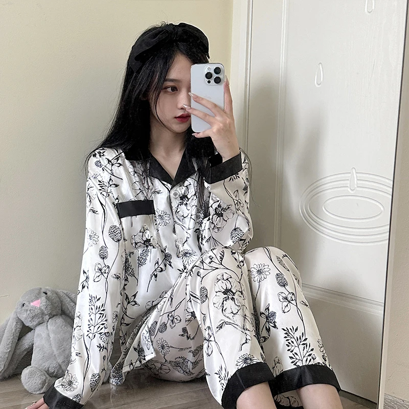 

Spring Summer 2024 Satin Silk Pajamas for Women Fashion Long Sleeve Long Pants High Grade Elegant Comfortable Lapel Loungewear