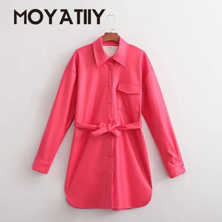 

MOYATIIY 2022 Fashion Autumn Women Retro Faux Leather Long Coat with Belt Long Sleeve Chic Female Outwear Tops