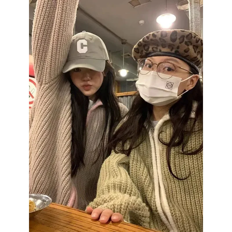 

Свитер на молнии, верхняя одежда, Женский Корейский Осенний трикотажный топ с лацканами