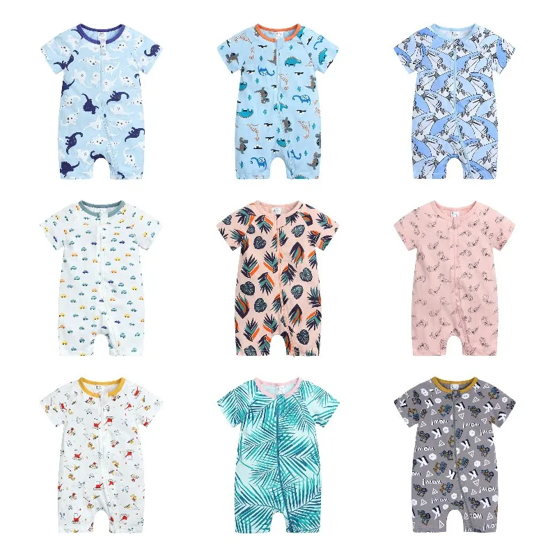 2023 Summer Newborn Baby Clothes Unisex Short Sleeve Kids Romper Cartoon Dinosaur Zipper Jumpsuit Boys Girls Onesie