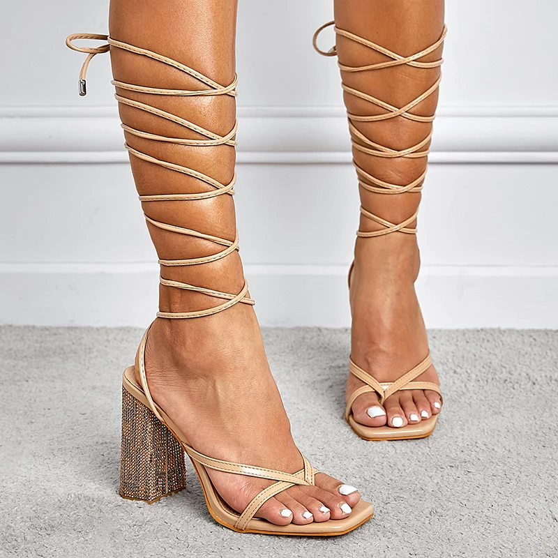 

Big Size Ladies High Heels Cross-tied Sandals Slides Female 2022 Casual Outside Rhinestones Pumps Shoes Women Flip Flops Sandal