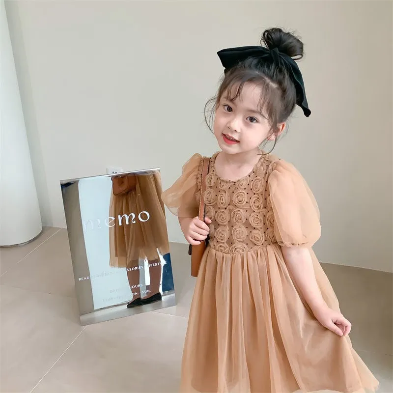 

Summer Girls dress short sleeve baby girls dresses mesh puff sleeve sweet baby dress
