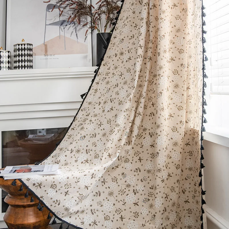 

Korean Dandelion Fashion Printing Black Tassel Small Kitchen Curtain Cotton And Linen Breathable Semi-shading Bay Window