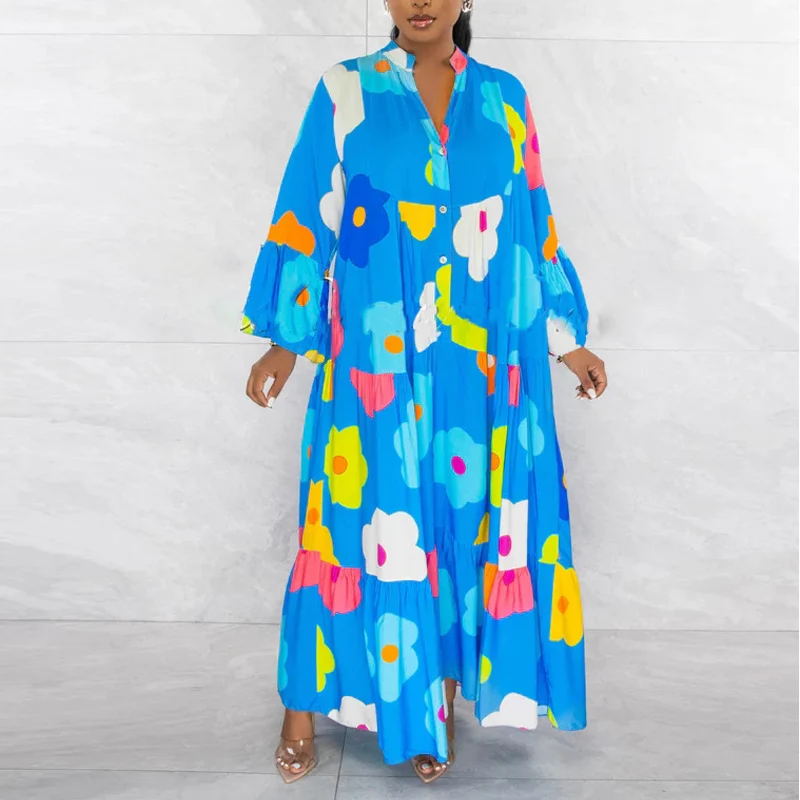 

Женское винтажное платье макси, шикарное однобортное плиссированное платье с длинным рукавом и широким подолом, свободное платье с V-образным вырезом, 2023