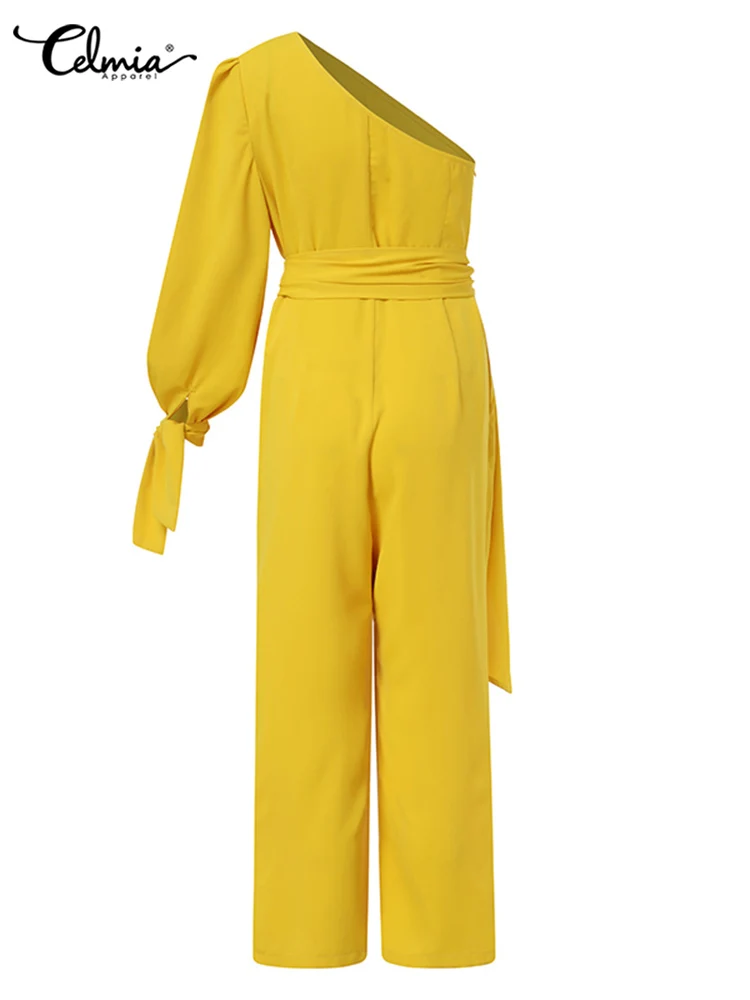 Celmia Streetwear Long Sleeve Jumpsuit Bandage Asymmetrical Women One Shoulder Long Romper 2023 Fashion Slash Neck Chic Overalls