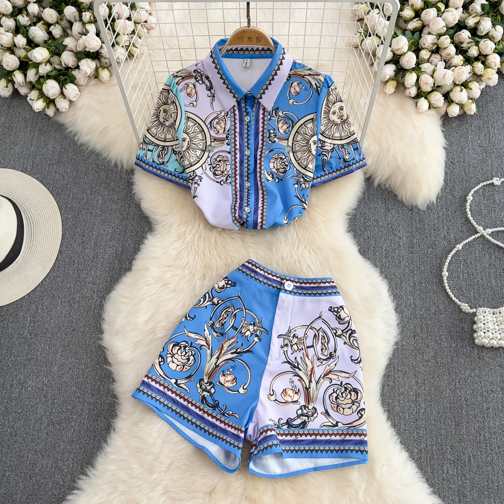 

Fashion Suit Female Australian Niche Positioning Printing Loose Shirt Short-sleeved Two-piece High-waisted Wide-leg Shorts Summe