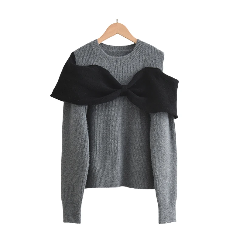 Kuo 2023 зимний дизайн элегантный вязаный свитер контрастного цвета с открытыми