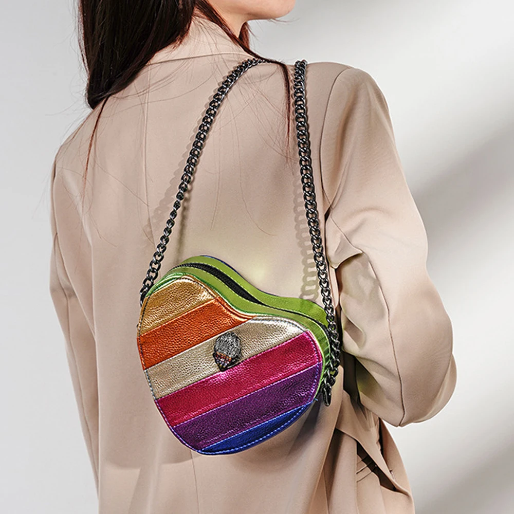 

Rainbow Heart Shaped Crossbody Bag For Women, Women's Colorblock Patchwork Purses, Trendy Chain Shoulder Bag