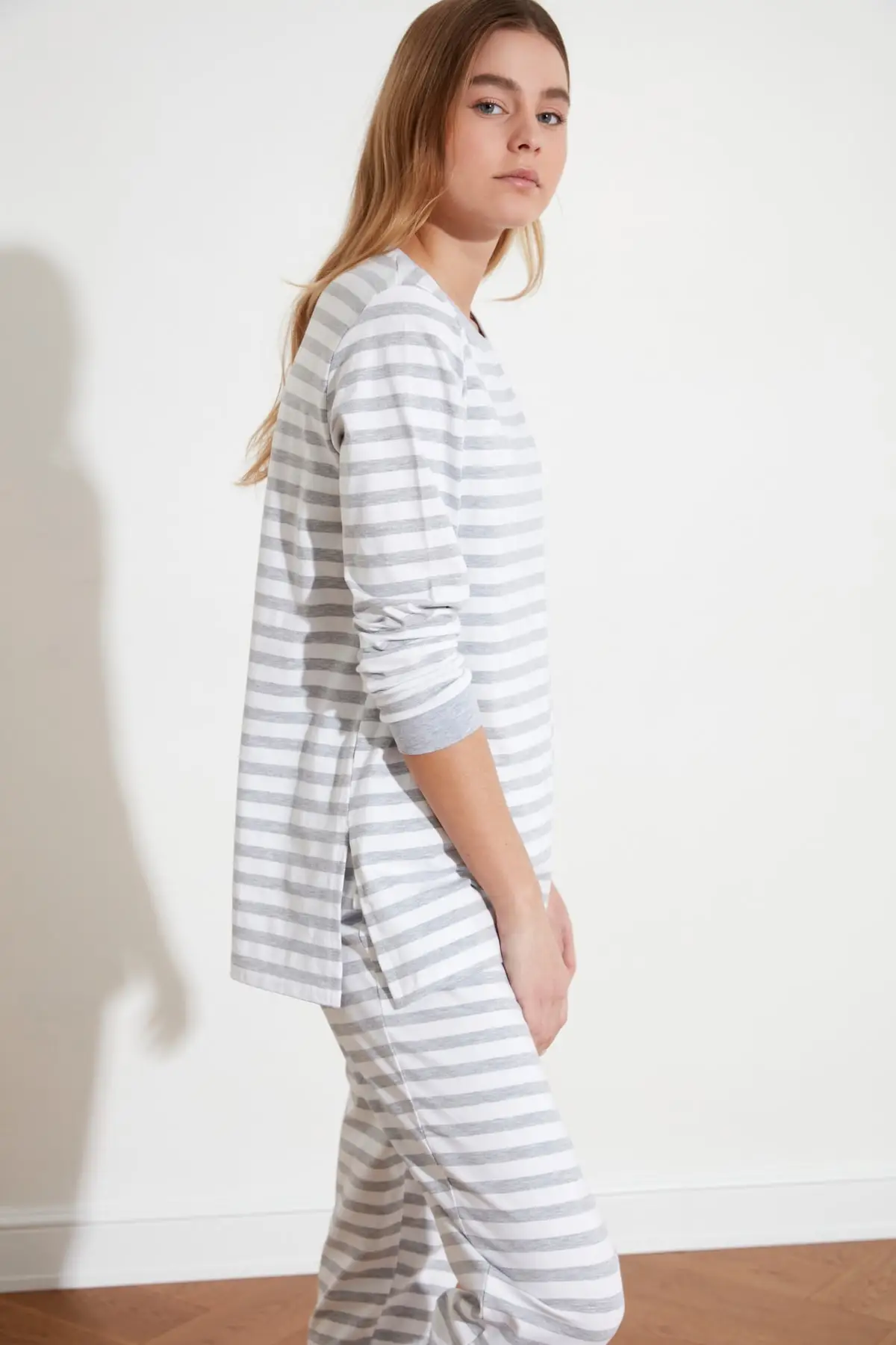 

Gray Striped Knitted Pajamas Set