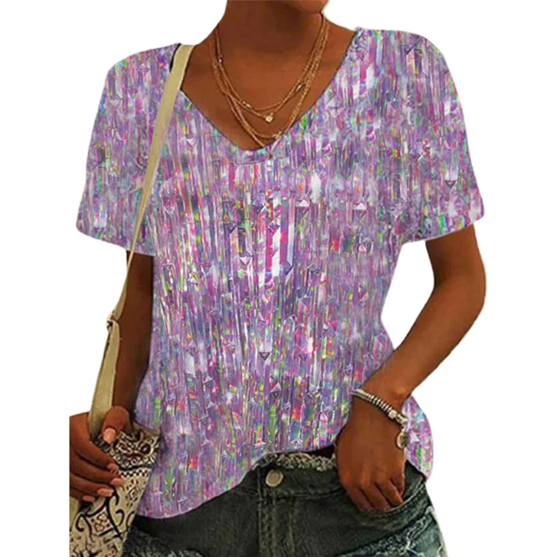 

Fashion 3D Glitter Print Large Size T-Shirt Female Summer V Neck Pullover Short Sleeve Tops Women's Rock Style Casual Loose Tees
