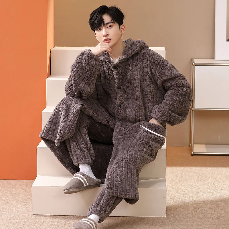 Men Coral Fleece Robe Set Winter Plus Size Kimono Thick Warm Bathrobe Flannel Men Robe Cold Pijama Hombre Cardigan Robes Gown