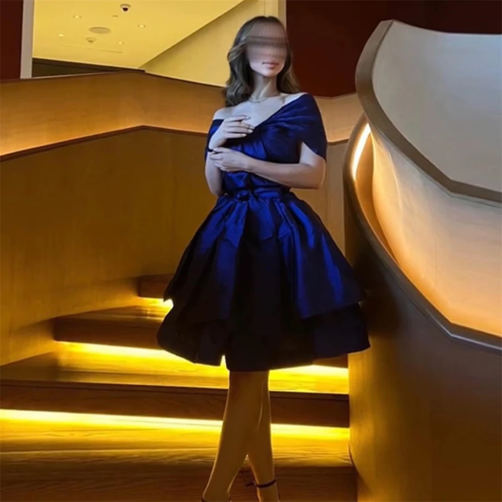 

Simple Boat Neck Royal Blue Satin A-Line Formal Prom Dresses Pleat Knee Length Women Evening Party Dresses فساتين السهرة