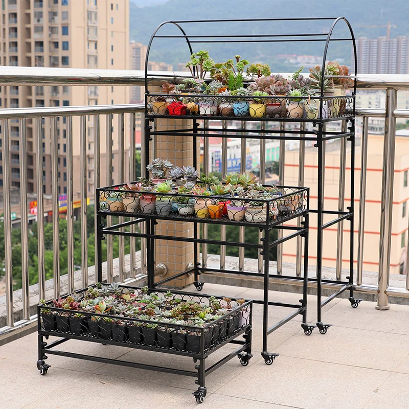 

Simple multi-layer iron art floor mounted balcony with succulent flower racks and movable outdoor courtyard cart storage racks