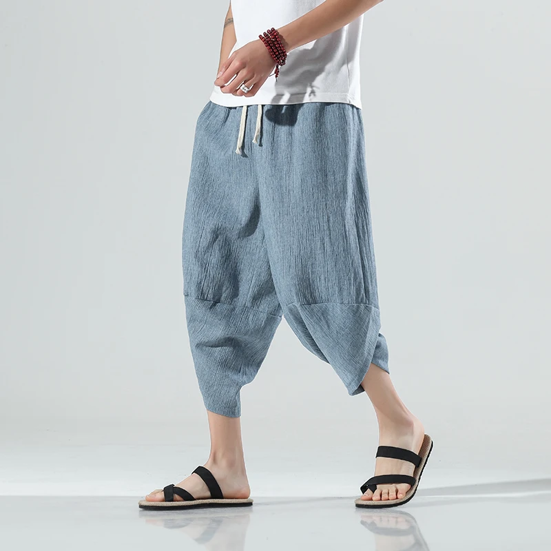 Harajuku Summer Harem Casual Pants Men Wide Leg Cotton Linen Calf Length Baggy Pants Fashion Men's Clothing