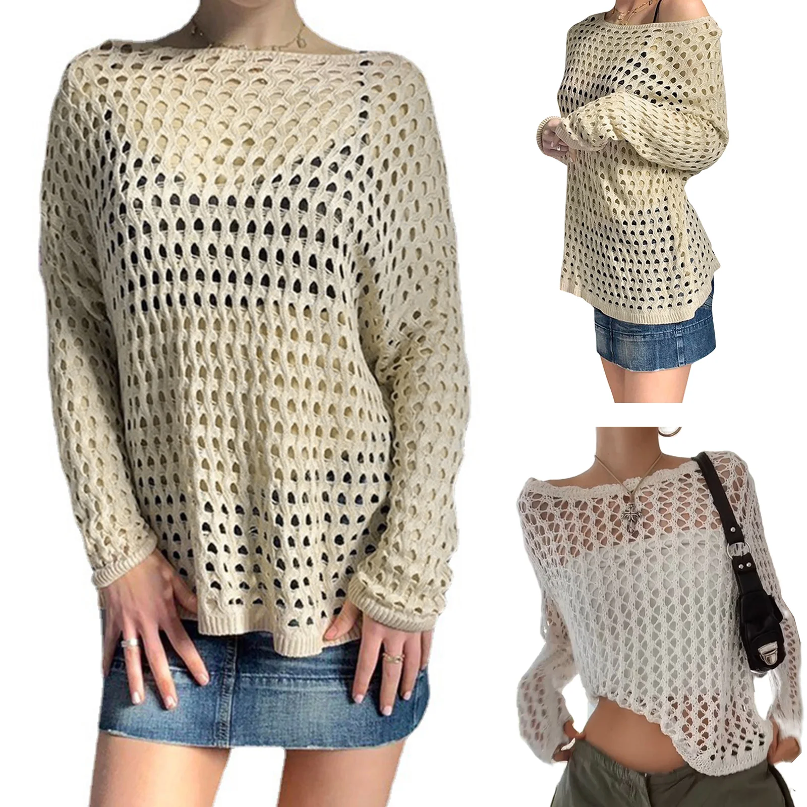 

Fashion Women's Knitted Beach Cover-Ups Hollow-Out Holes Solid Color Long Sleeve Round Neck Perspective Beachwear T-Shirts