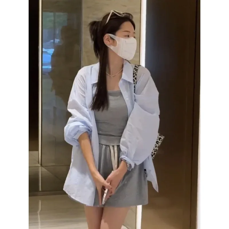 Корейская полосатая рубашка с длинным рукавом и защитой от солнца женская летняя