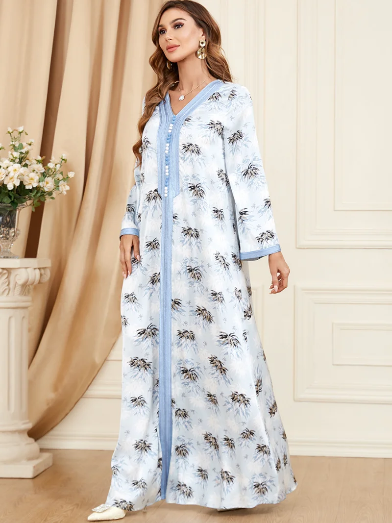 2023 Spring Summer Muslim Women V-neck Long Sleeve Polyester Printing Green Light Blue Long Dress Muslim Fashion Abaya
