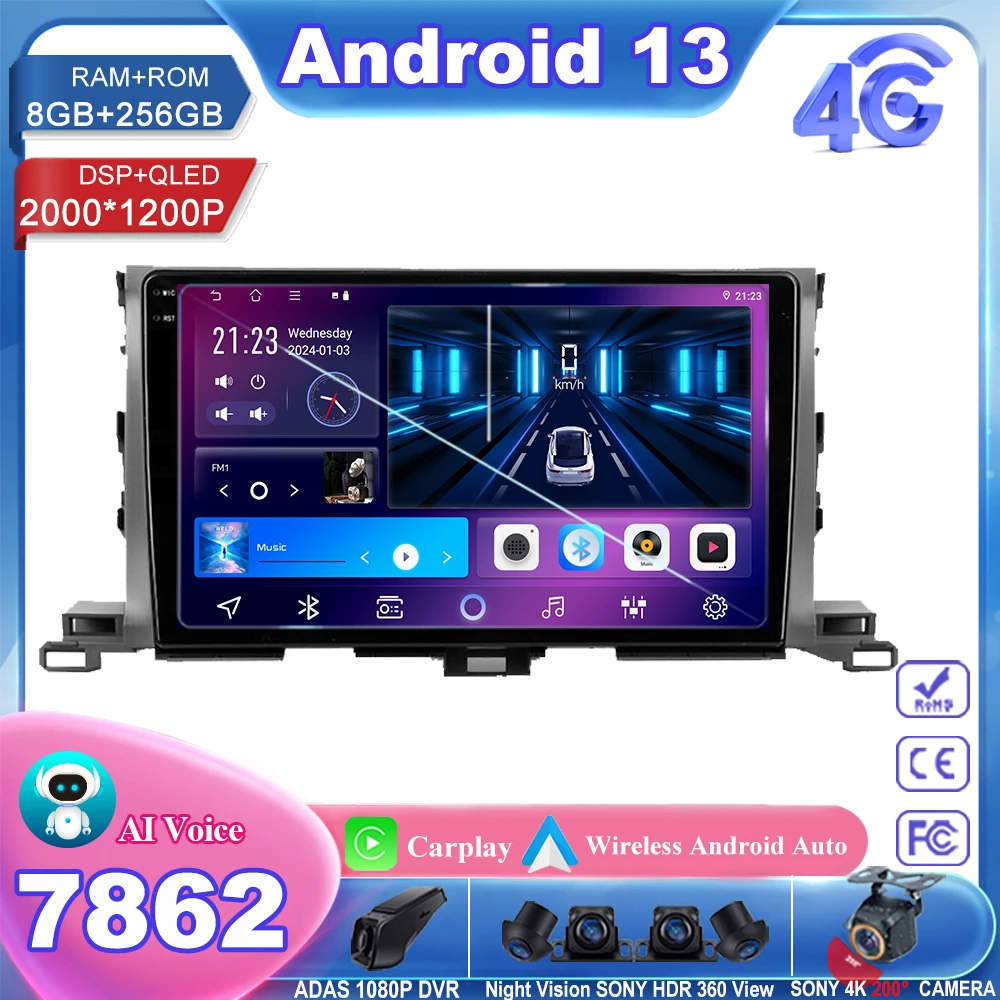7862 Автомобильный радиоприемник Android13 для Toyota Highlander 3 XU50 2013-2018 Авто 5G Wi-Fi Стерео