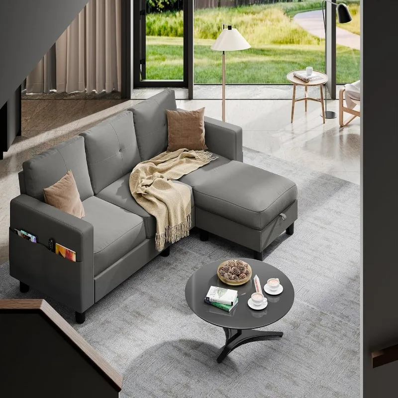 Современный L-образный диван из льняной ткани секционный трехместный с функцией