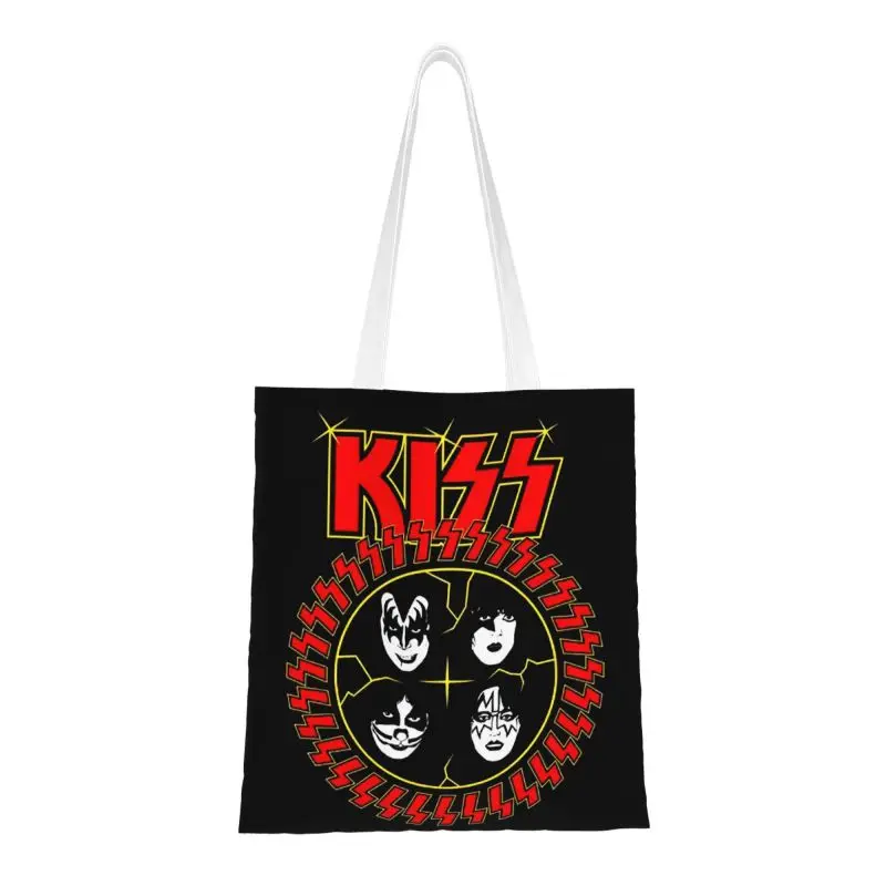 

Music Rock Band Kiss Grocery Tote Shopping Bag Women Cute Demon Thriller Rock Canvas Shopper Shoulder Bags Big Capacity Handbag