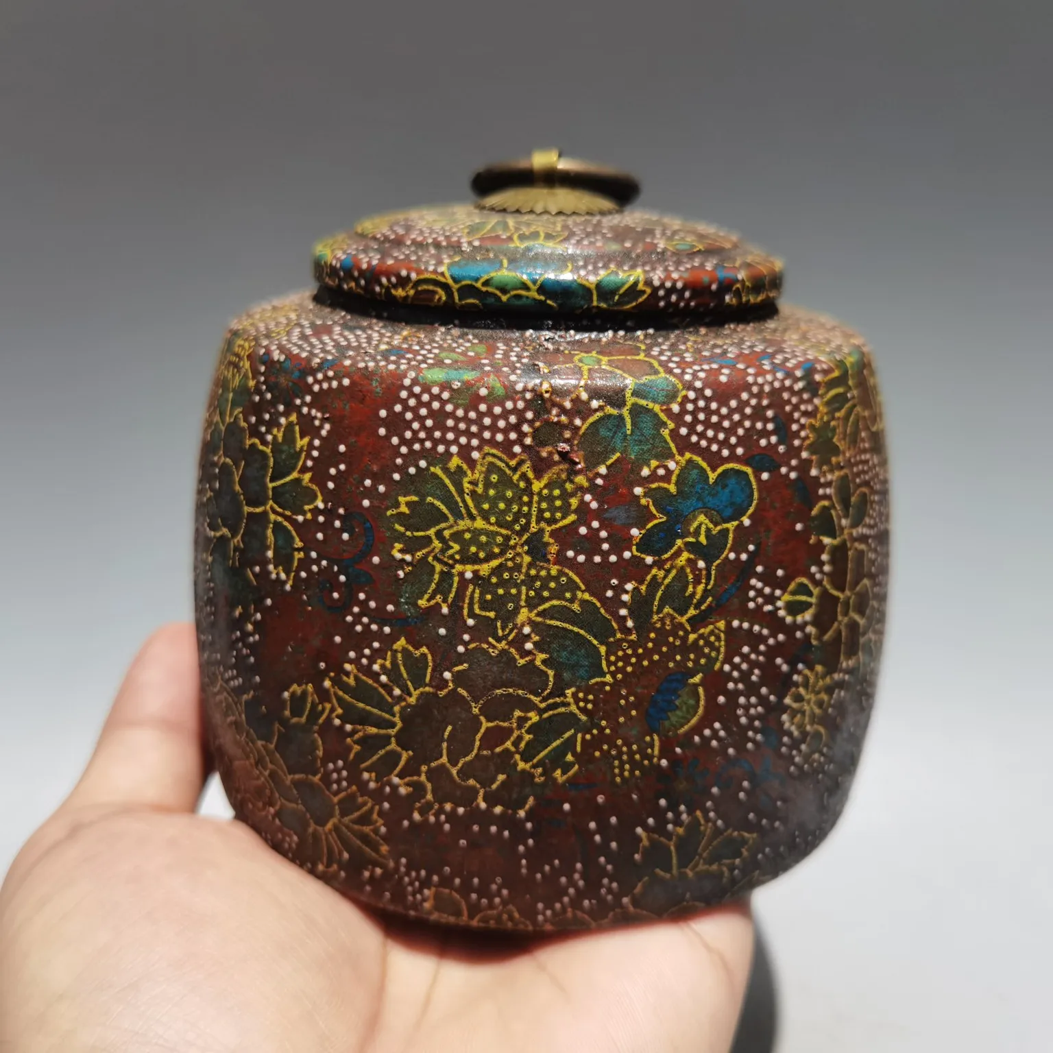 

4" Chinese Yixing Zisha Pottery palace colorful cans Pull the can tea canister red mud storage Ornaments Gather fortune
