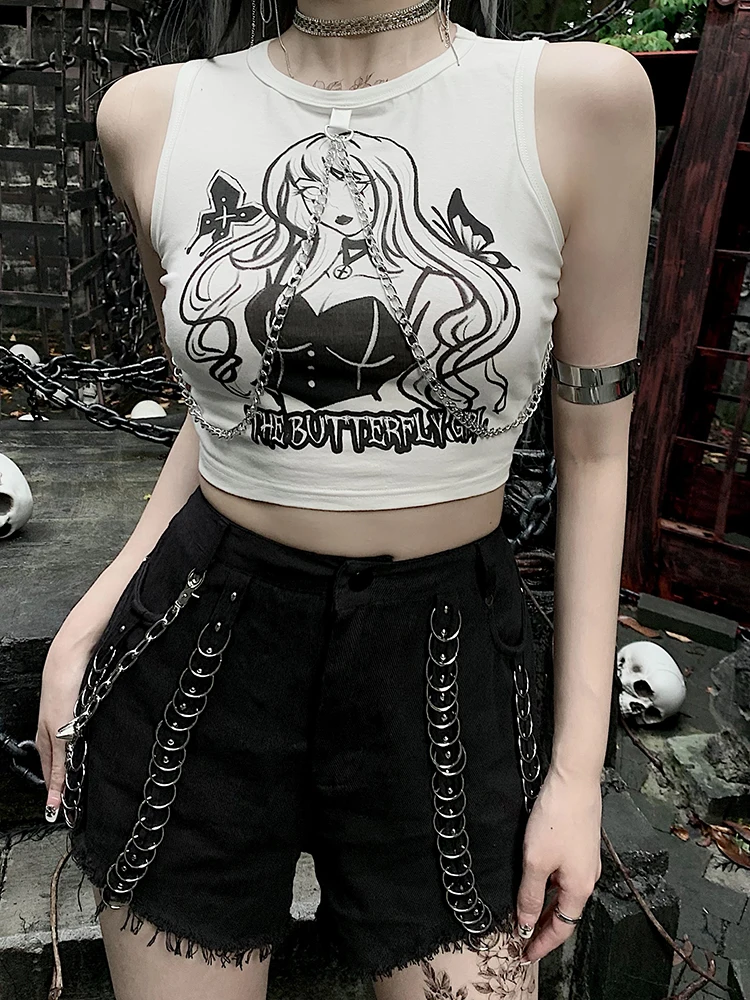 Женский короткий топ с металлической цепочкой и принтом в стиле Харадзюку -