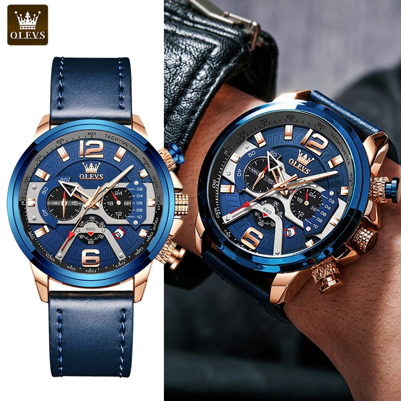 Модные брендовые мужские часы роскошные кварцевые с кожаным ремешком синие