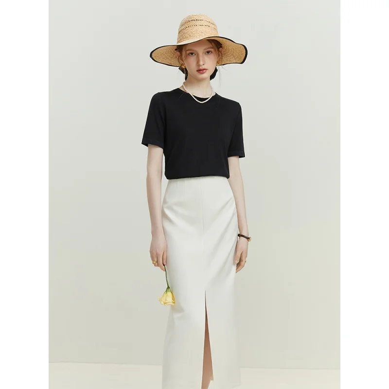 

Women Commuter Polyester Skirt Spilt Design Straight Solid Wrap Skirt Office Lady Simple High Waist Zipper Waist Bottoms