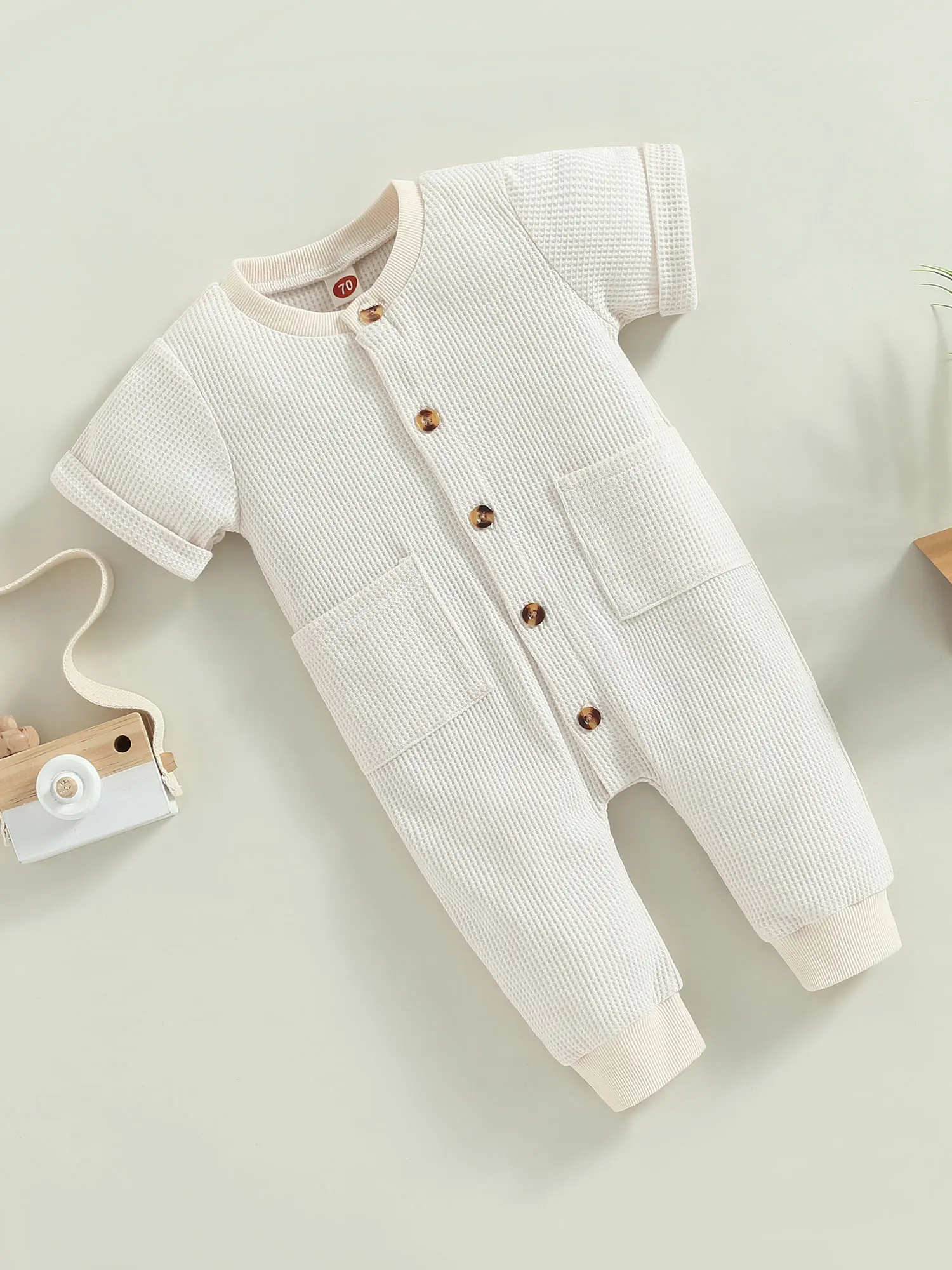 

Комбинезон для маленьких мальчиков с коротким рукавом, весенне-летний однотонный комбинезон с вафельным узором и пуговицами, Комбинезоны