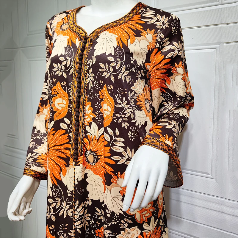 Eid Abaya For Women's 2022 Dubai Printed Long Sleeve Jalabiyat Ramadan Moroccan Caftan Kaftan Turkey Femme Arabic Muslim Clothes