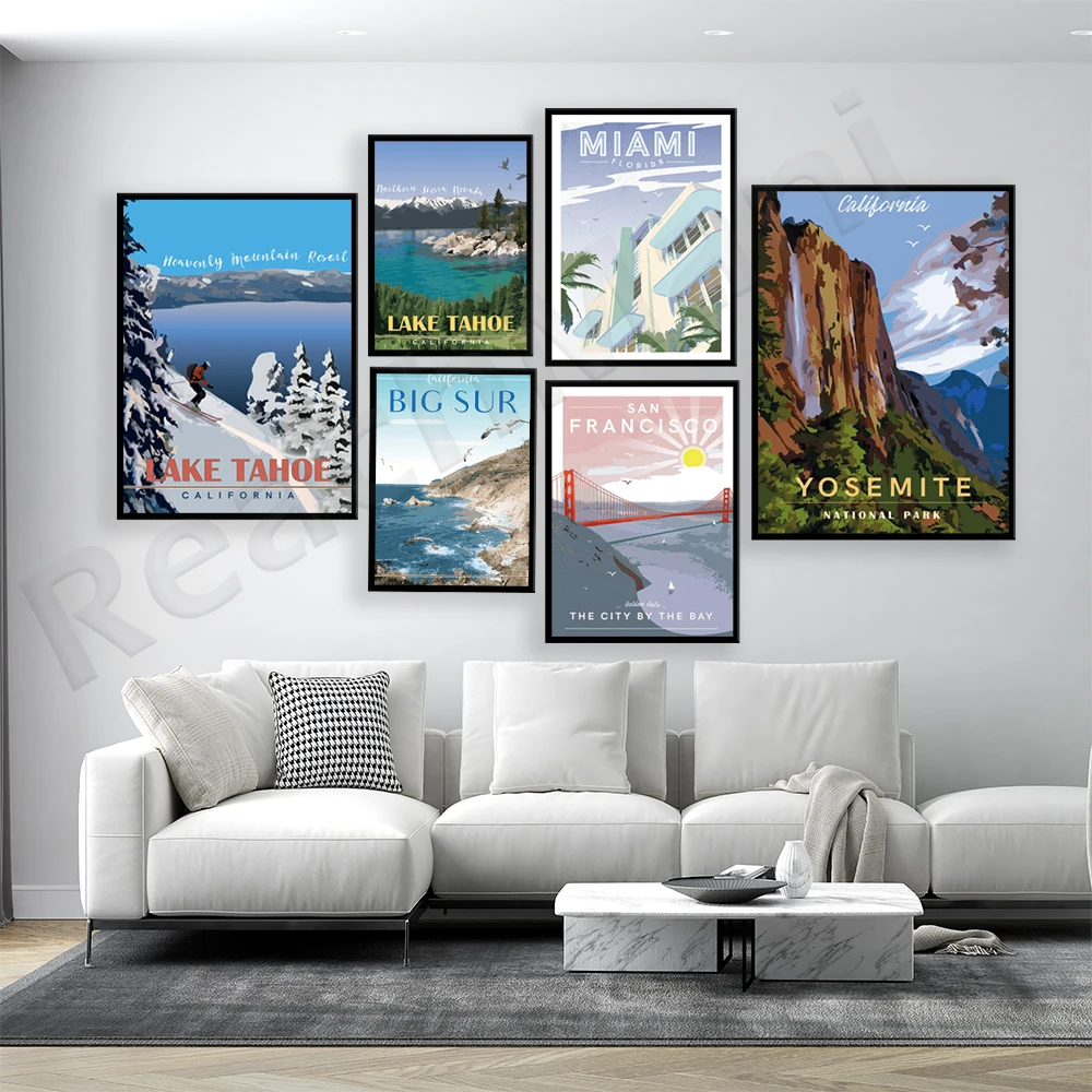 

Lake Tahoe Paradise Ski Resort, Golden Gate Bridge San Francisco, California, Yosemite National Park, Miami Travel Poster