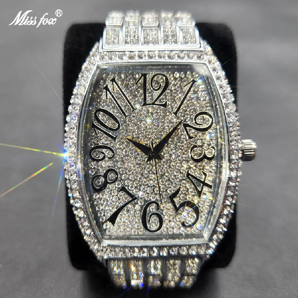 

MISSFOX Ice Out Mens Watches Popular Tonneau Full Diamond Silver Geneva Male Watch Hip Hop Original Waterproof relogio masculino