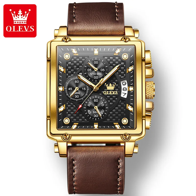 

OLEVS 9925 Multifunctional Luxury Rectangle Genuine Leather Strap Men Wristwatches Waterproof Quartz Sport Watch for Men
