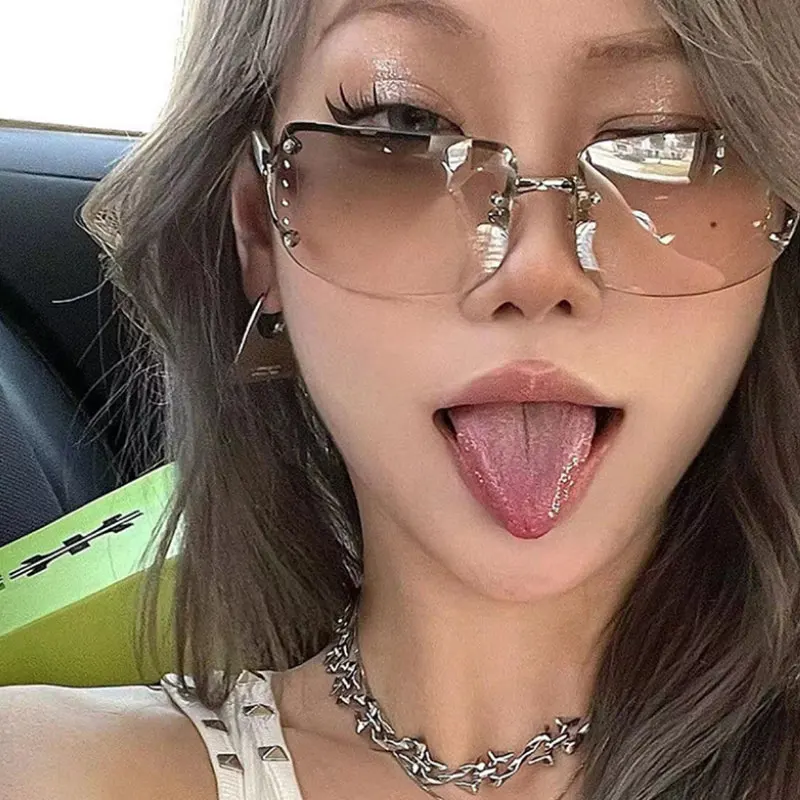 Новинка солнцезащитные очки без оправы с бриллиантами для женщин и мужчин модные металлические солнцезащитные очки Y2K Роскошные брендовые уличные градиентные очки
