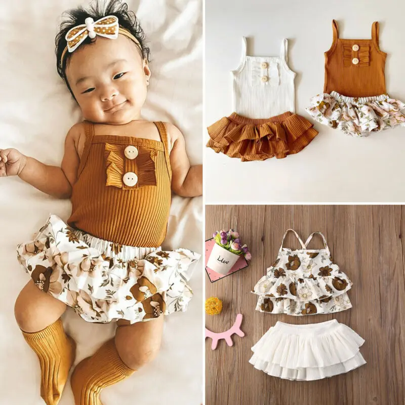 

Baby Girls Clothes Set Sleeveless Sling Bodysuit Rib Knit Romper Ruffles Tutu Skirt 6-24M Infant Toddler Summer Casual Outfits