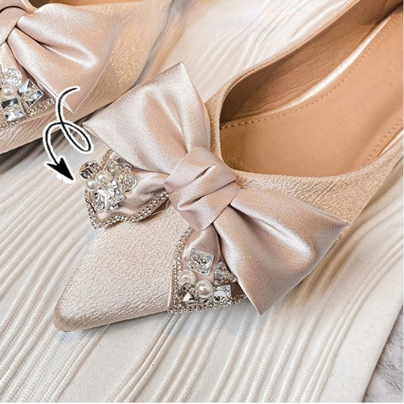 Size 34-43 Women Spring Flats Bling Rhinestone Bowknot Satin Silk Vamp Slip on Fashion Wedding Party Bridesmaid Shoes Loafers