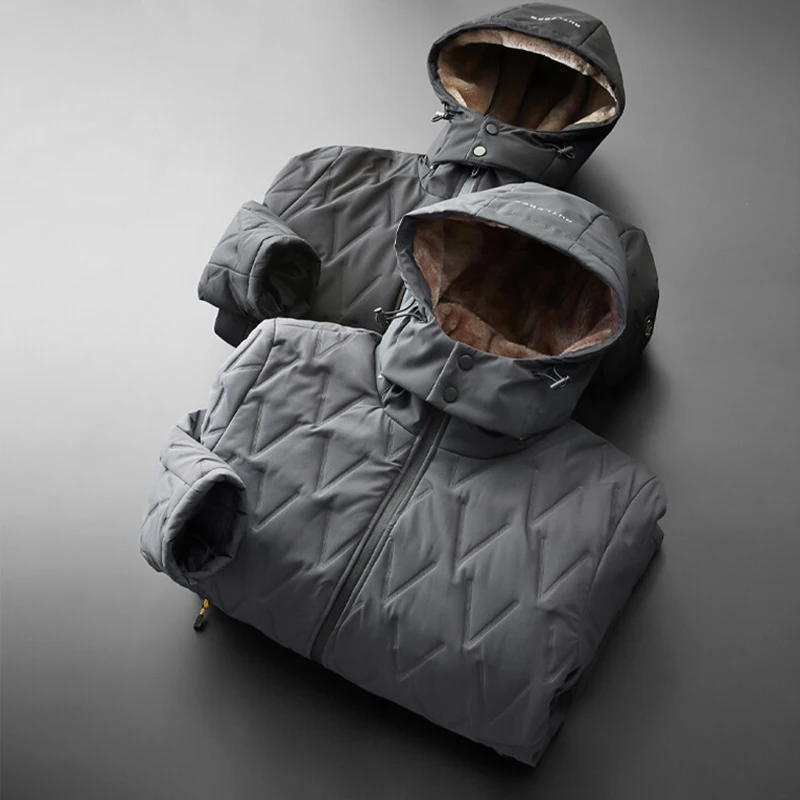 New Men's Winter Black Warm Cotton Coat Fashion Plush Thickened Hooded Jacket Business Casual Loose Zipper Coat Cold Proof