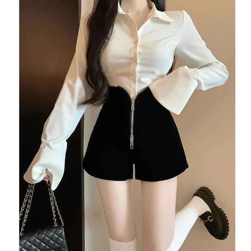 

Spring/Summer2023 Two Piece Set Female new fashion Outfits for Women White Shirt Design With Zippered Casual Pants Retro Black S