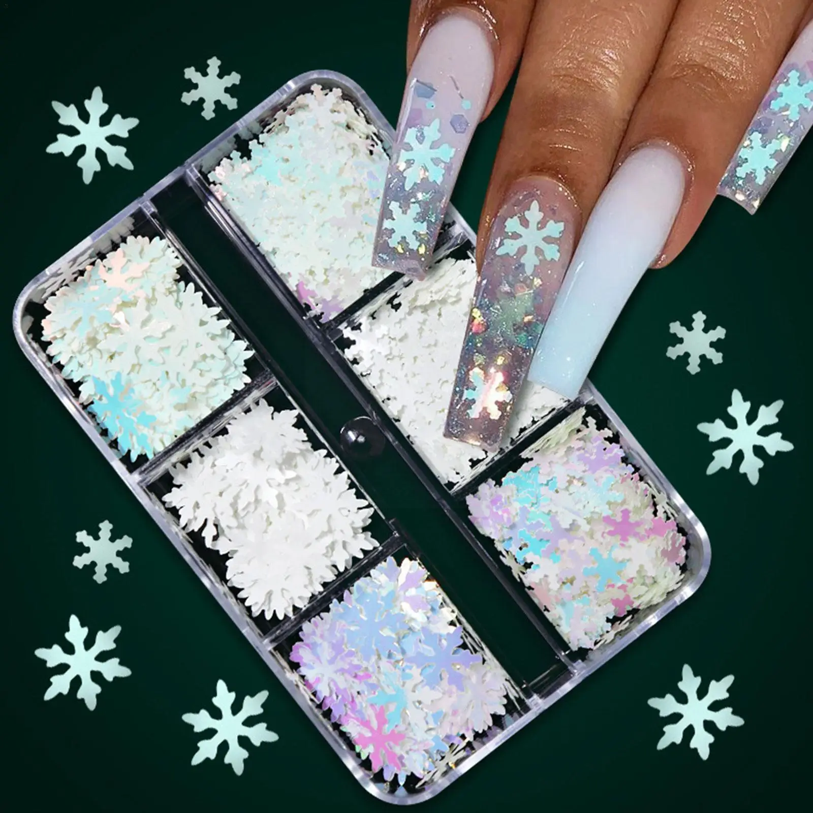 

6 Grids Christmas Flake Nail Sequins White Snowflake Nail Design Winter Flakes Manicure Glitter Accessories Art Decora B1O1