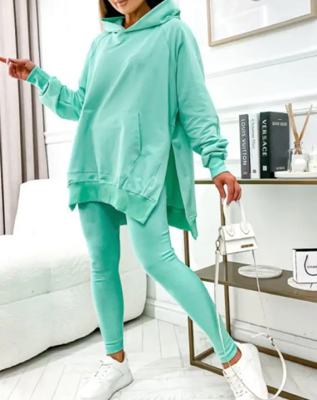 

Two Piece Sets Women Casual Long Sleeve Pocket Design Slit Hoodie Sweatshirt & Fashion Sweatpants Set Fall Winter Outfit 2023