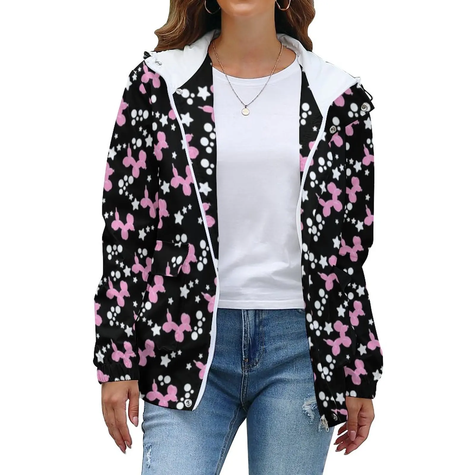 

Pink Balloon Dogs Jackets Winter Stars Print Kawaii Casual Coats Women Loose Hooded Jacket Graphic Oversize Clothing