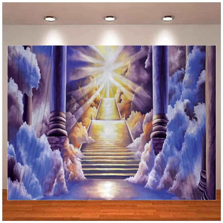 

Photography Backdrop Stairawy Holy Light Clouds Stair To Paradise Funeral Sent Gate To Heaven Background Church Event Banner