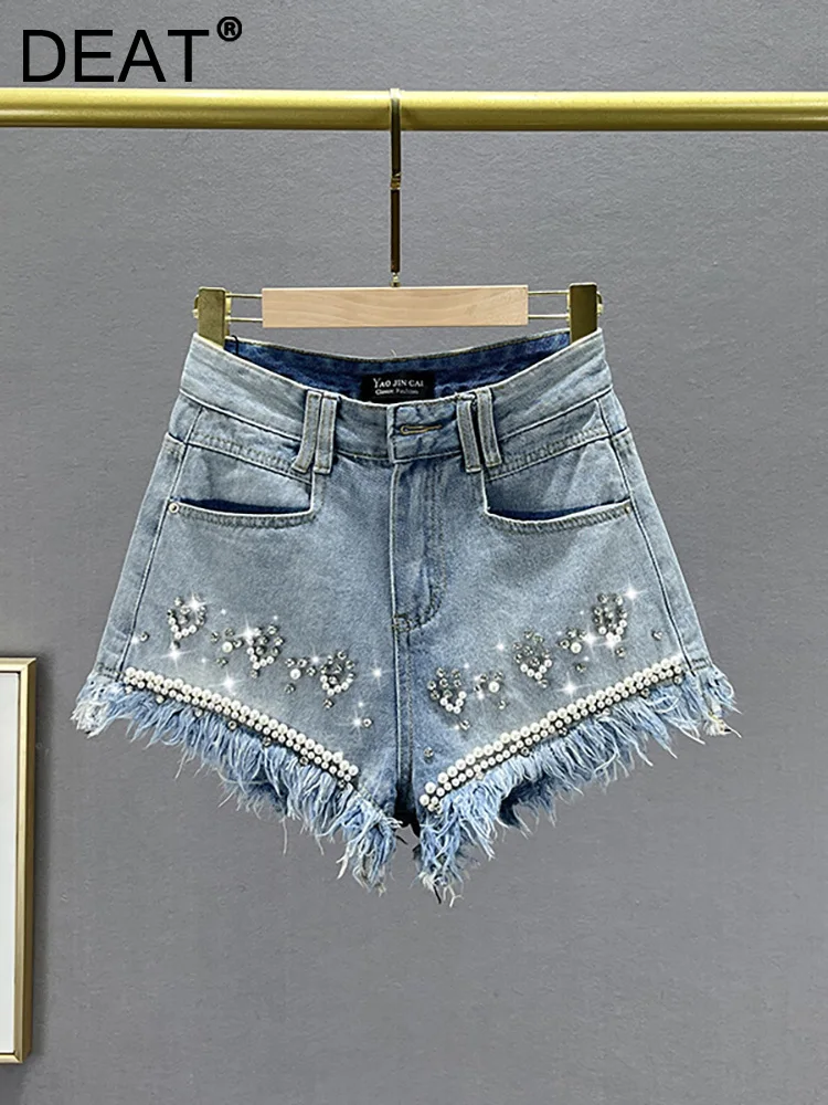 

DEAT Women's Denim Shorts High Waist Solid Color Patchwork Burrs Pearlsd Diamonds Short Pants 2023 Summer New Fashion 29L2083