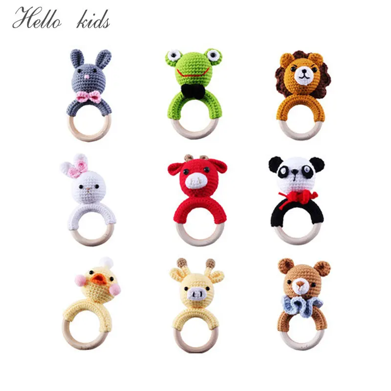 

Wooden Crochet Bunny Rattle Toy BPA Free Wood Ring Baby Teether Rodent Baby Gym Mobile Rattles Newborn Educational Toys