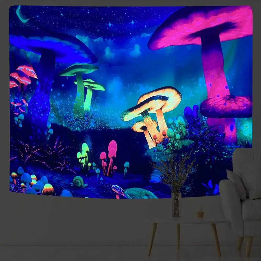 

Black Light Art Tapestry UV Reactive Psychedelic Lion Mushroom Wall Hanging Hippie Tapestry for Bedroom Dorm Indie Room Decor